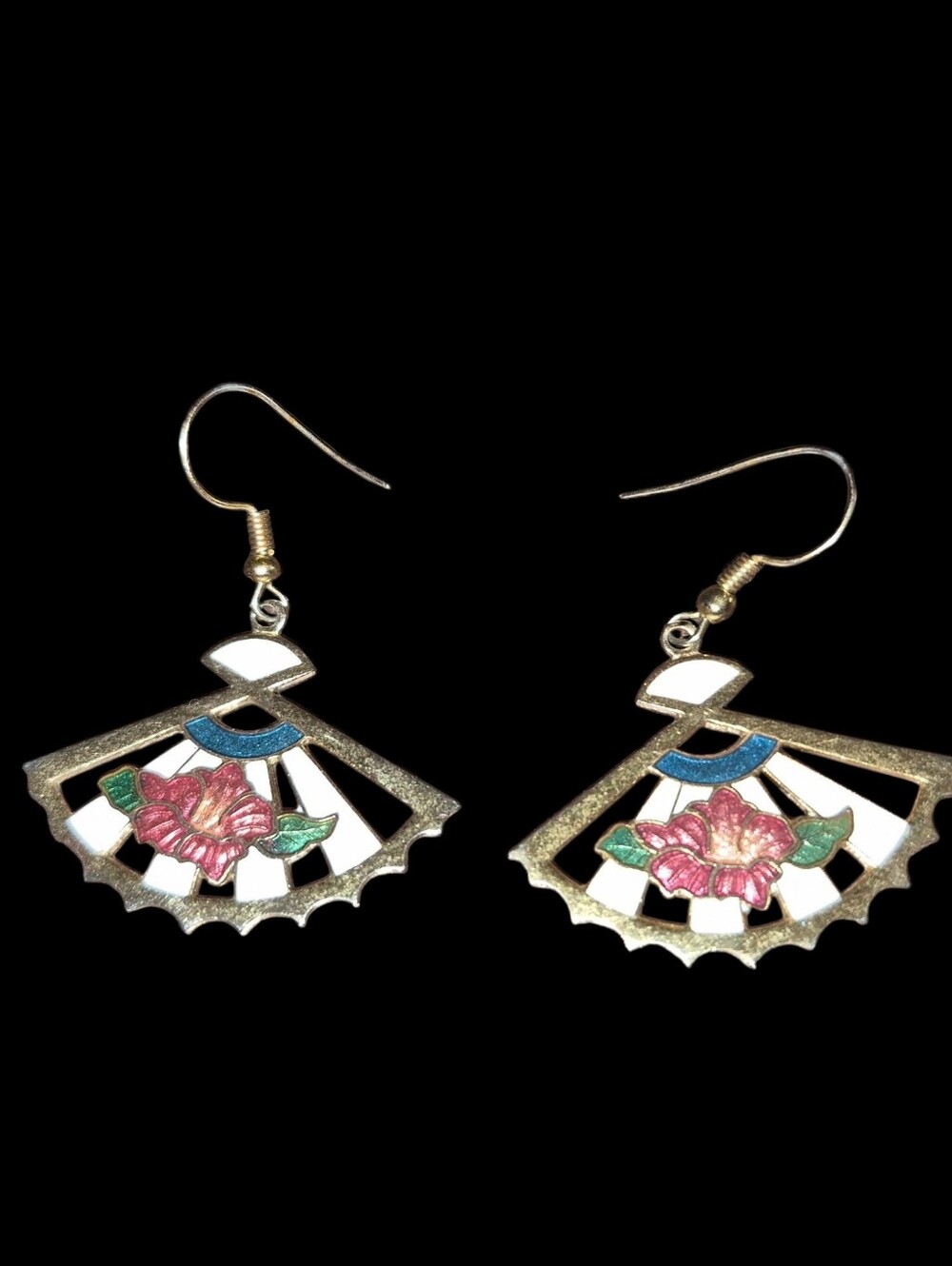 Floral Fan Drop Earrings — Pink & White Floral Accent Gold Plated
